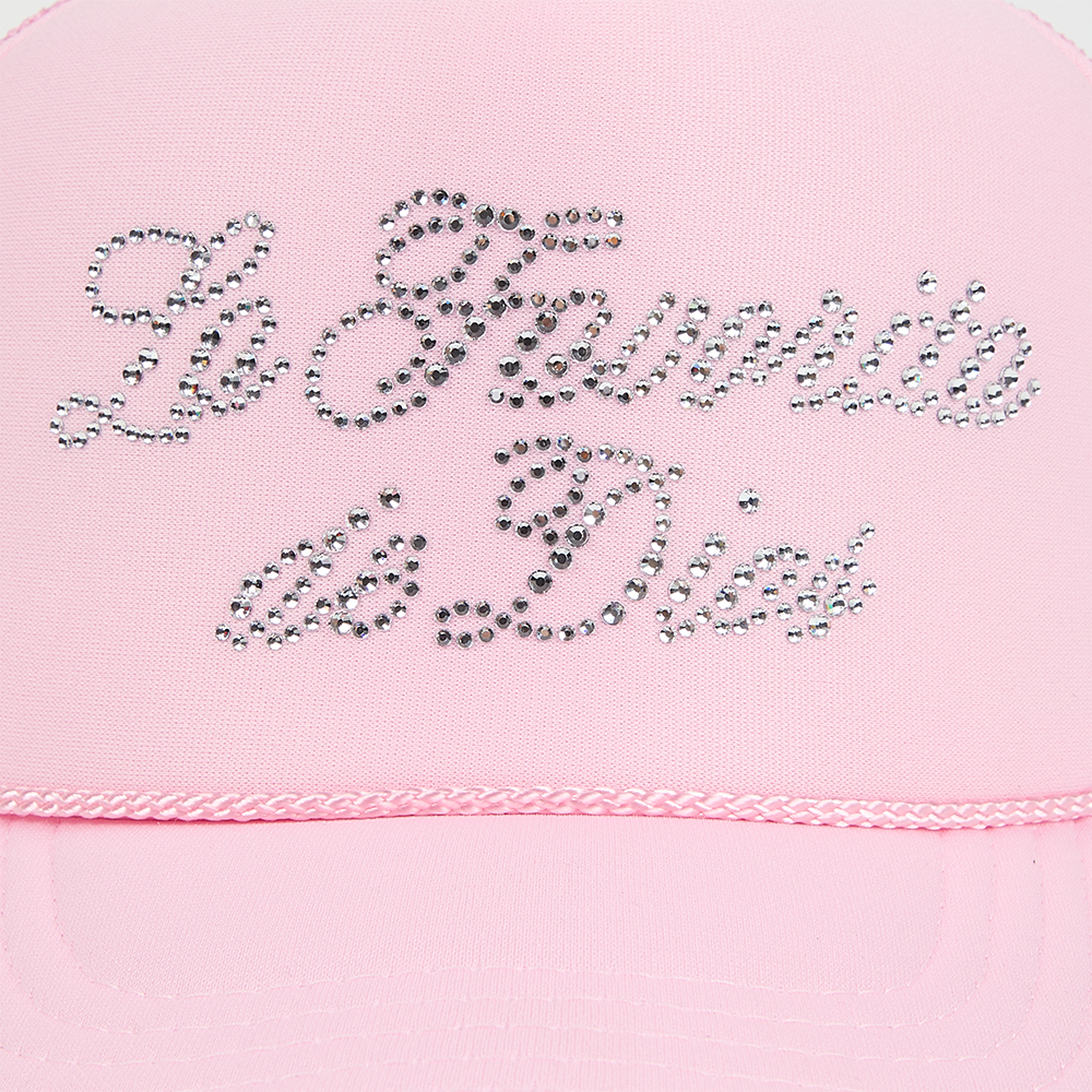 La Favorita De Dios Rhinestone Trucker Hat Front Detail